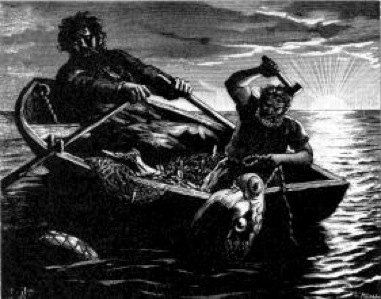 Thor e Hymir pescando. Ilustración de 1893 para la edición sueca de la Edda poética de Fredrik Sander..jpg Thor e Hymir pescando Ilustración de 1893 para la edición sueca de la Edda poética de Fredrik Sander