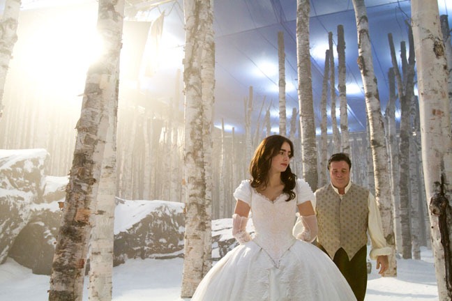 Lily Collins and Nathan Lane on the woods set of "Snow White," September 13, 2011