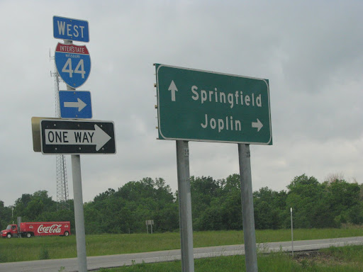The Springfield/Joplin road sign on Interstate 44. (Photo credit: Jennifer Moore)