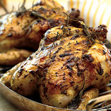 Mustard-Roasted Chicken with Warm Frisée Salad and Fingerlings and Bacon