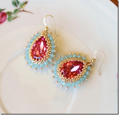 chibistar88 Swarovski crystal beaded bezel 18x13 rose pear shaped crystal pacific opal crystal gold earrings