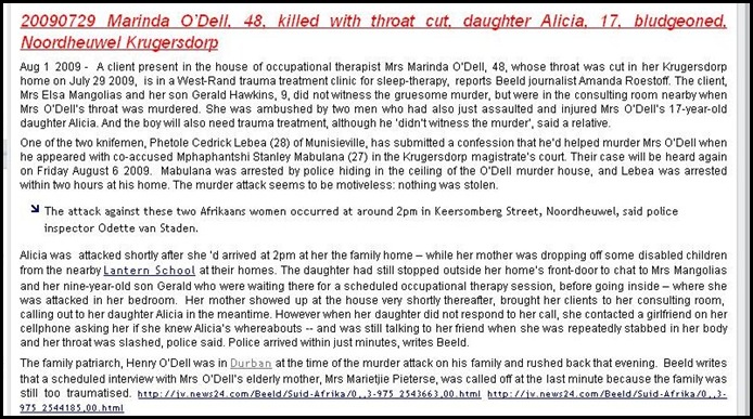ODELL NOORDHEUWEL KRUGERSDORP 20090727 MARINDA O_DELL THROAT CUT DAUGHTER ALICIA 17 BLUDGEONED TO DEATH