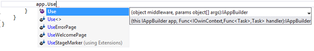 Intellisense mostrando extensores sobre IAppBuilder