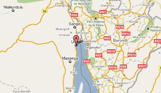 Uvira, marqué en rouge sur la carte, au Sud-Kivu en RDCongo.