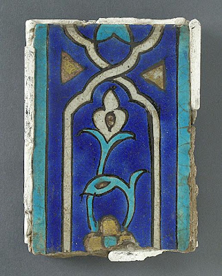 Tile | Origin: Iran | Period: 14th-15th century | Collection: The Madina Collection of Islamic Art, gift of Camilla Chandler Frost (M.2002.1.268) | Type: Ceramic; Architectural element, Earthenware, glaze-painted and leaf-gilded, 4 7/16 x 6 5/16 in. (11.27 x 16.03 cm)