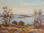 Fiskebod på utskär art. nr 20008. Mått ink. ram 40x50 olja på pannå. Signerad Constantin