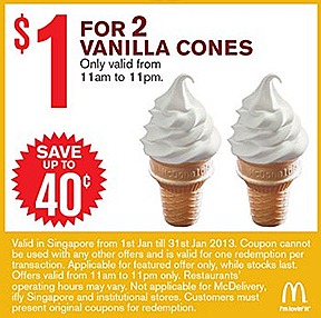 McDonalds Vanilla Cone 2  for $1 Small Fries and Sundae $2, Extra Small Coke Small Fries $2 $1 Sundae $2 McNugget 6 piece $3 McWings 4 piece  Mac Double McSpicy Burger 9 piece McNugget Double Filet-O-Fish $5 Combo Meals