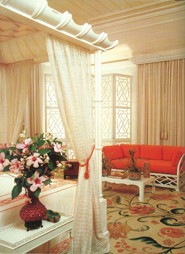 Inside, Mrs. Mattison's bedroom has a crisp lacquered Chippendale style. Inside, Mrs. Mattison's bedroom has a crisp lacquered Chippendale style.