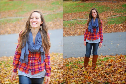 flannel, scarf, brown boots
