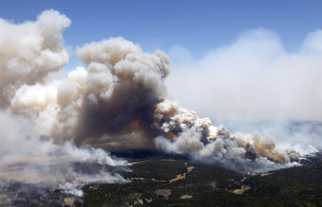 Miles of smoke billow skyward from the Wallow Fire near Greer, Ariz., 7 June 2011. Officials say the blaze has already burned 486 square miles and winds have been driving the flames 5 to 8 miles a day since the fire began. Ross D. Franklin / AP