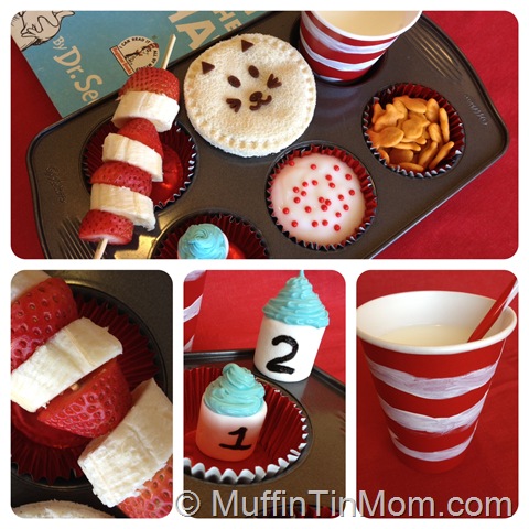 Cat in the Hat "Muffin Tin" Lunch - Celebrate Dr Seuss birthday with Dr Seuss party food {Weekend   Links} from HowToHomeschoolMyChild.com