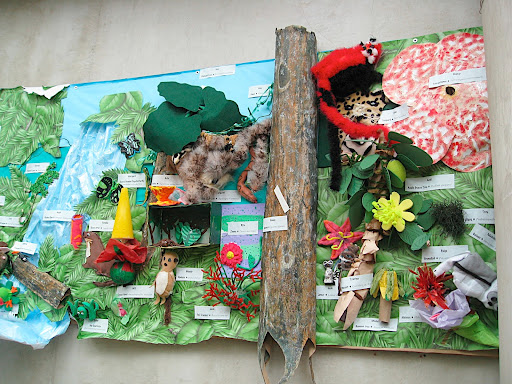 Near that planting hung this adorable mural made by a local elementary school. It shows animals and plants from the rain forest made from all sorts of different craft materials.