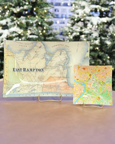 These serving trays are made by decoupaging maps onto glass trays. (marthastewart.com)