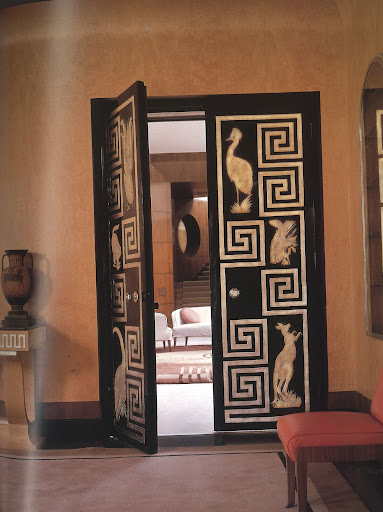 The magnificent Art Decor tour de force Eltham Palace was built in 1936 by Stephen and Virginia Courtauld who shared this Modernist masterpiece with their pet lemur. The inspiration of antiquity couldn't be more in evidence with the Greek-key motif on the door and a Grecian vase just to the left. (Regency Redux, Rizzoli) The magnificent Art Decor tour de force Eltham Palace was built in 1936 by Stephen and Virginia Courtauld who shared this Modernist masterpiece with their pet lemur. The inspiration of antiquity couldn't be more in evidence with the Greek-key motif on the door and a Grecian vase just to the left. (Regency Redux, Rizzoli)