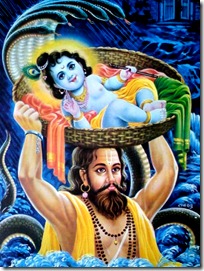 Vasudeva transporting Krishna across the Yamuna river