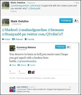 Black Racist threat to white girl by Itumeleng MabebaStumyZAM_HOPE YOU GET RAPED WITH BROKEN BEER BOTTLE