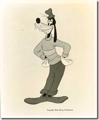 From an unknown film (circa 1950).  Goofy promotional photo.  Scrapbook photo.  [Unframed item: 8”W x 10”H] Acquired 2003. SeqID-1392  11/1/2005