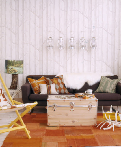 So many different camp-inspired products come together in this room: a trunk, a rustic lamp, a lawn chair, and lantern sconces. (blueprintmagazine.com) So many different camp-inspired products come together in this room: a trunk, a rustic lamp, a lawn chair, and lantern sconces. (blueprintmagazine.com)