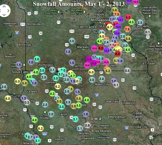 Observed snowfall amounts in inches from the 1 May - 2 May 2013 snowstorm as of 9am EDT, 2 May 2013. A rare and historic May snowstorm pelted Iowa, Minnesota, and Wisconsin with snowfall amounts unprecedented in the historical record for the month of May. Graphic: NWS Minneapolis