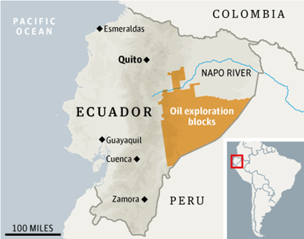 Oil exploration blocks to be auctioned off by Ecuador. Ecuador plans to auction off more than three million hectares of pristine Amazonian rainforest to Chinese oil companies, angering indigenous groups and underlining the global environmental toll of China's insatiable thirst for energy. Graphic: Amazon Watch
