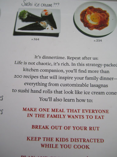 The back cover. The front and back are both filled with little photos of the yummy dishes inside. We thought of this design as a sort of visual menu—so fun for the kids who are allowed to point to what they want.