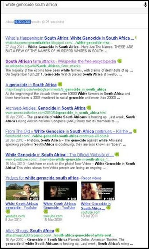 white genocide 5370000 Google results Dec 23 2011