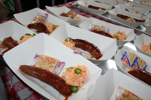 Homemade Smoked Sausage with Pimento Cheese and Saltines from Jim and Nick's of Birmingham, AL
