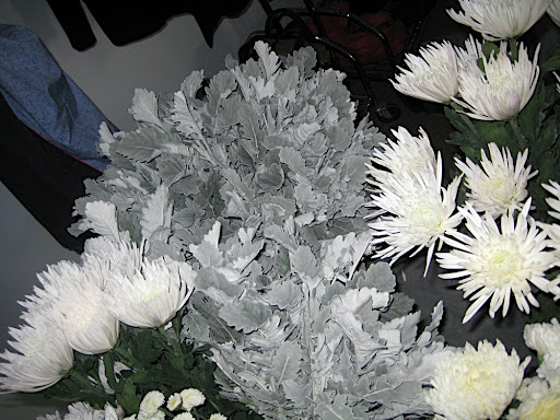 Forgive the flash on this one! Here are the mums and the dusty miller leaves.