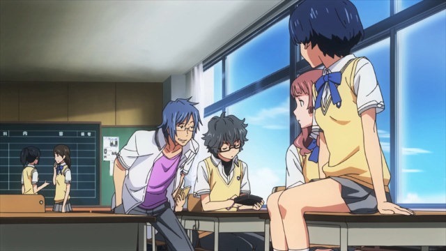 The four main characters at school chatting at their desks