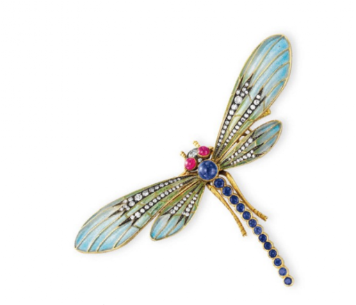 A Diamond, Multi-Gem and Enamel Dragonfly Brooch. Estimate: $5,000-$7,000