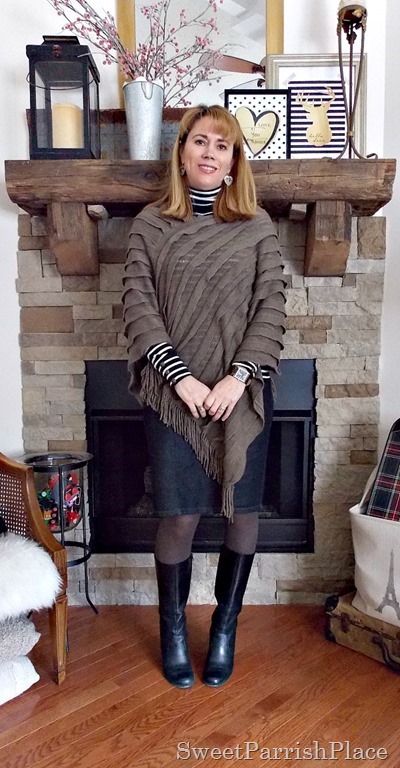 brown cape with black white striped turtleneck, denim pencil skirt and black wedge boots1