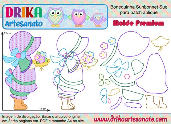 Molde de Bonequinha Sunbonnet Sue para Patch Aplique Molde de Bonequinha Sunbonnet Sue para Patch Aplique