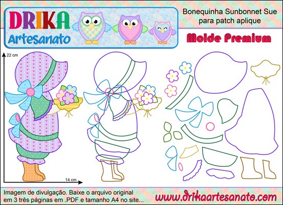 Molde de Bonequinha Sunbonnet Sue para Patch Aplique