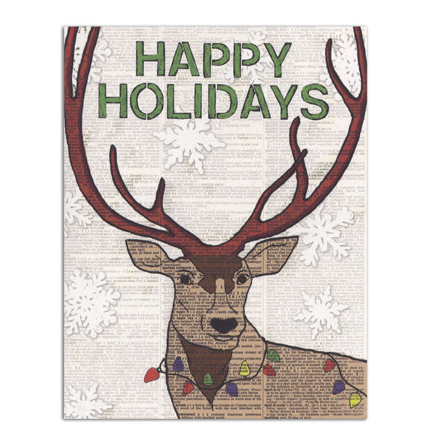 A graphic newsprint card with a deer design. Buck Happy Holiday Card, $3.50, Broadway Paper, broadwaypaper.com.