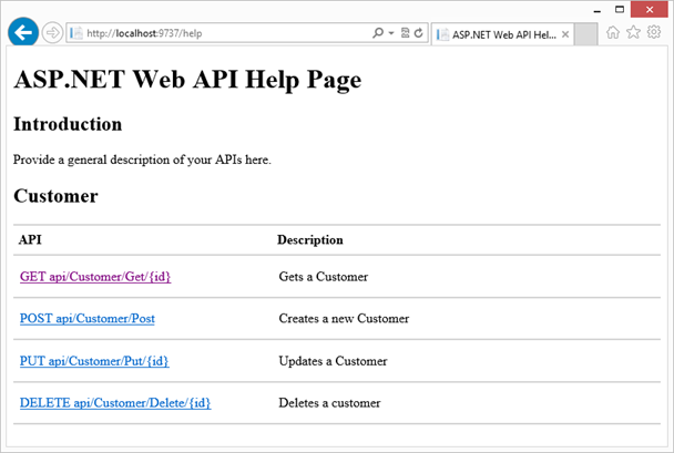 Página de ayuda de WebAPI