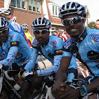 Three of the Ethiopian riders on Marco Polo Cycling Donckers Koffie, Binyam Bekele, Alem Abebe and Estifanos Gebresilassie at the startline in Europe. (photo: Remko Kramer)