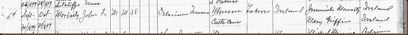 1899 John L. Moriarty B1859 Record of Death 30 Sept 1899 Monson Mass Crop