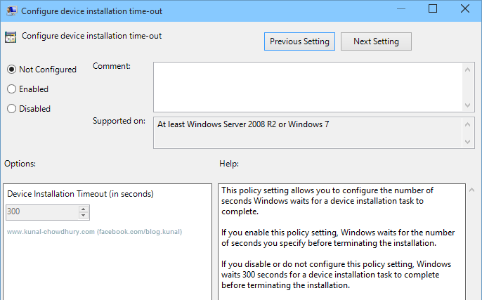 Default value of Device Installation Timeout (www.kunal-chowdhury.com) Default value of Device Installation Timeout (www.kunal-chowdhury.com)