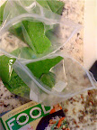 Dividing each smoothie batch between two freezer-safe, zip-top baggies (one quart is the perfect size). Dividing each smoothie batch between two freezer-safe, zip-top baggies (one quart is the perfect size).