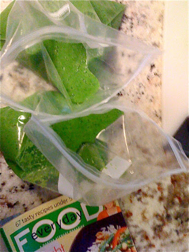 Dividing each smoothie batch between two freezer-safe, zip-top baggies (one quart is the perfect size). Dividing each smoothie batch between two freezer-safe, zip-top baggies (one quart is the perfect size).