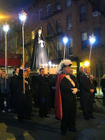 Are we back in Italy? Good Friday procession in Carroll Gardens featured a band, loudspeakers with Italian songs and bible verses, Mary on a platform and Jesus' body in a casket.