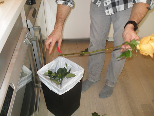 Leaving a few of the rose leaves is okay. It is best to keep them up top by the rose so the leaves do not go below the water level.