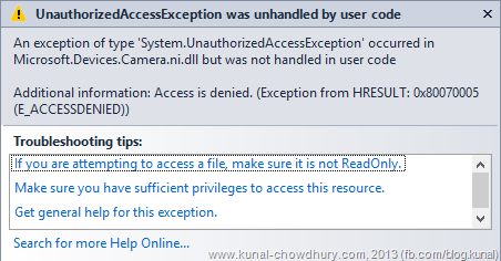 UnauthorizedAccessException when accessing Camera APIs in Windows Phone