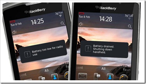 Сообщение смартфона BlackBerry о том, что аккумулятор разряжен