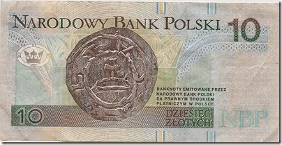 Verso de uma nota de 10 zlotys