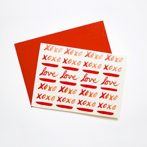 A perfectly-patterned card for February 14th or any day of the year. XOXO card, $4.50, christinewisnieski.bigcartel.com.