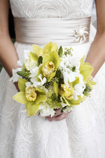Cymbidium orchids, star of Bethlehem, lady's mantle, and seeded eucalyptus create a soft yet textural bouquet.
Photo by Milton Morris. Cymbidium orchids, star of Bethlehem, lady's mantle, and seeded eucalyptus create a soft yet textural bouquet.
Photo by Milton Morris.
