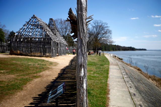 A re-created section of the fort wall in the English colony of Jamestown, Va., sits on top of the original post holes. The fort was thought to have been lost to the James River, but was rediscovered by excavations that began in 1994. Since then, approximately 2 million artifacts have been recovered. The Jamestown site is threatened with sea level rise caused by global warming. Photo: John W. Poole / NPR