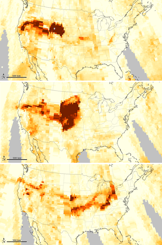 Intense wildfires in California and Idaho sent smoke eastward across the United States in mid-August 2012. These maps are made from data collected by the Ozone Mapper Profiler Suite (OMPS) on the Suomi  satellite, 14-16 August 2012. They show relative aerosol concentrations over the continental United States, with lower concentrations appearing in yellow and higher concentrations appearing in dark orange-brown. NASA image by Jesse Allen, using Suomi NPP OMPS data provided courtesy of Colin Seftor (SSAI)