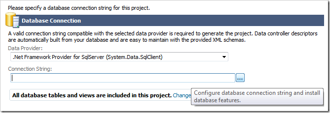 Selecting a Data Provider and activating the Connection String Configurator.